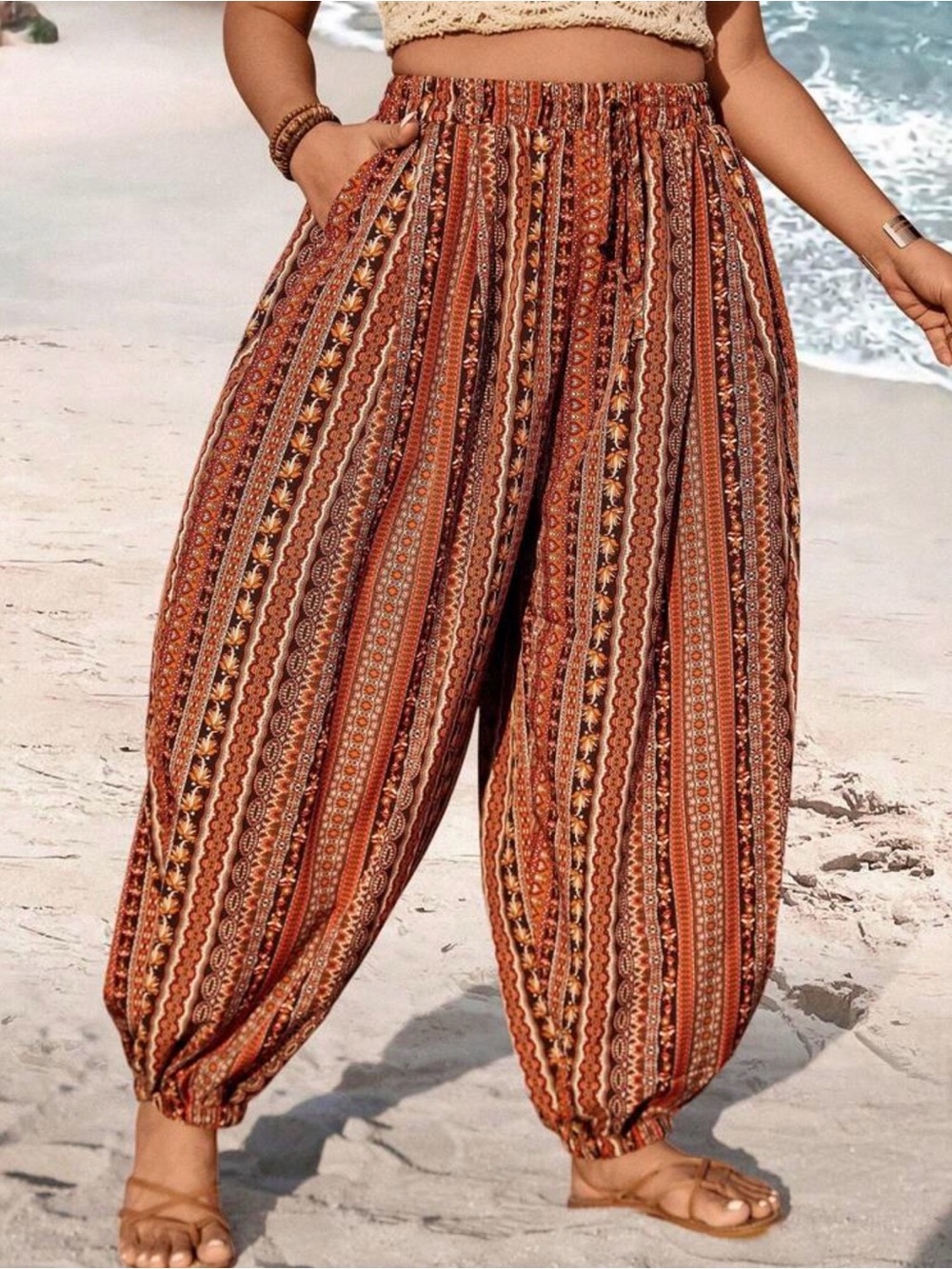 Boho Stripe Elastic-Waist Harem Pants - Rust Multi